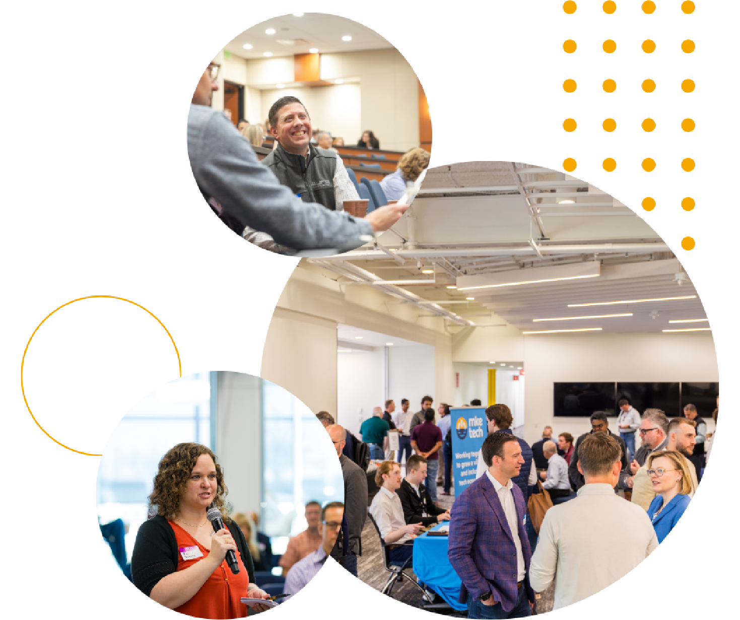 A professional networking event with diverse attendees in a spacious hall. People engage in conversation; one holds a microphone, conveying a collaborative atmosphere.