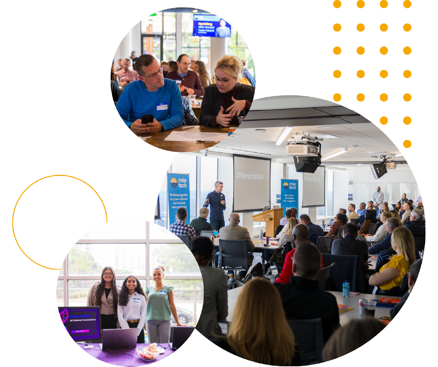 A conference collage featuring: a diverse group in discussion, a speaker addressing an attentive audience, and smiling exhibitors at a booth.