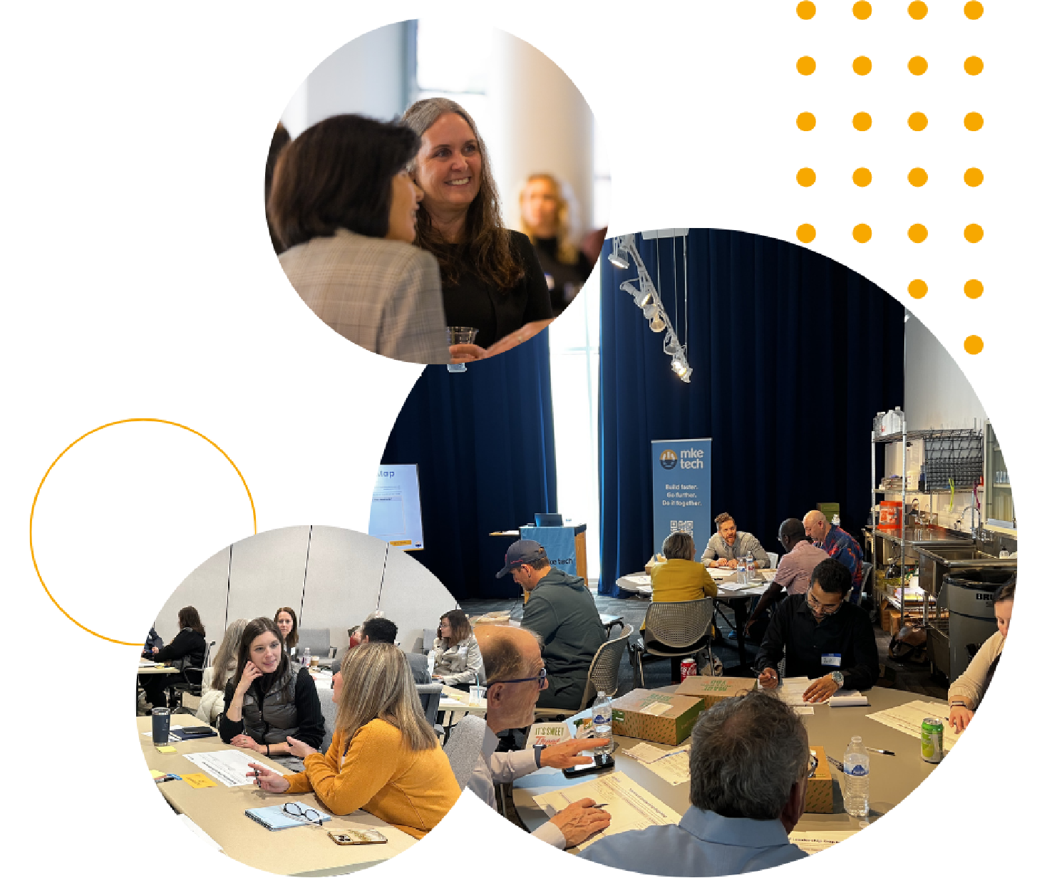 Collage of diverse groups engaging in discussions and collaborative work at a professional event. The atmosphere appears lively and interactive.