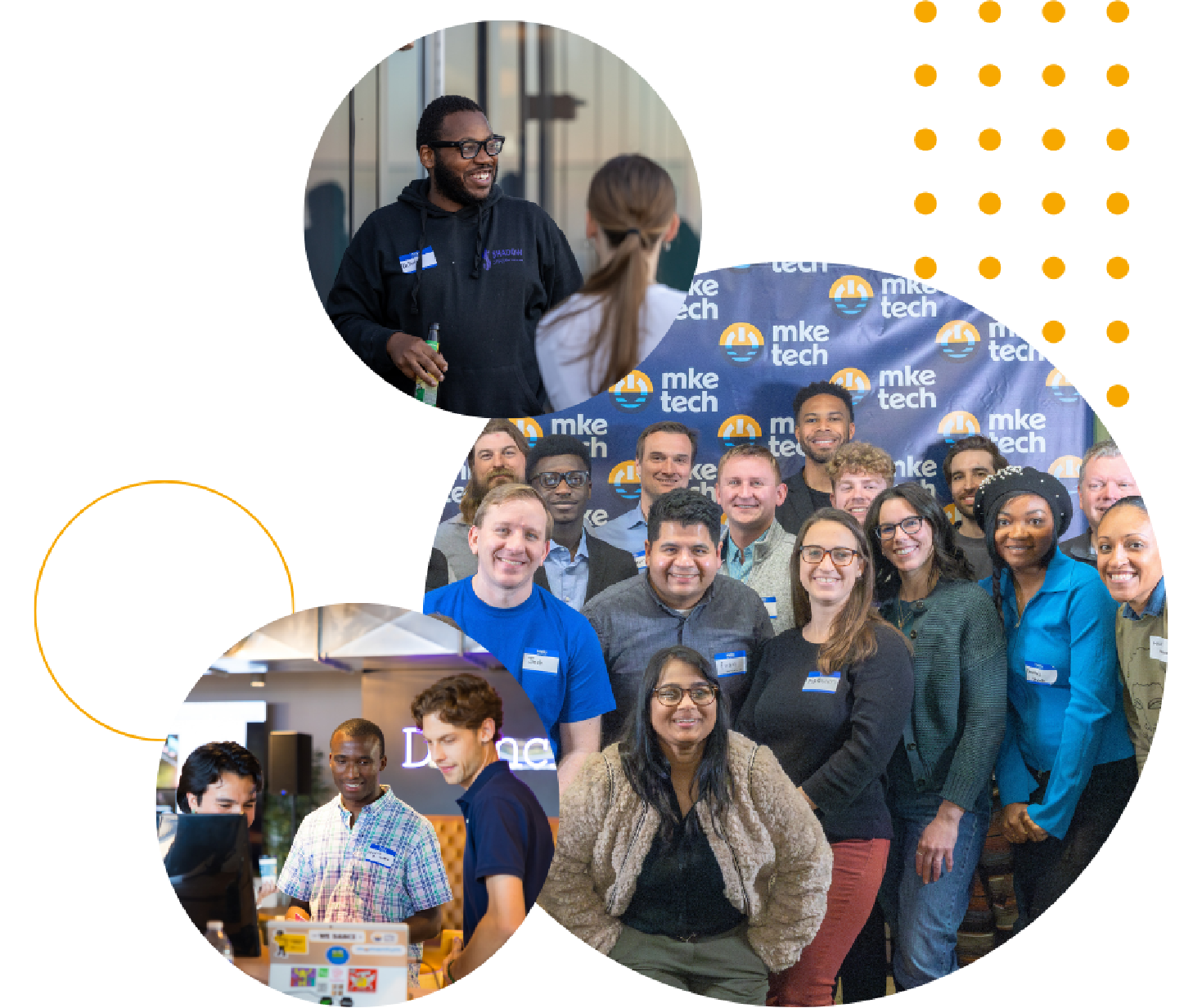 A group of diverse, smiling people poses for photos at a tech event. They're in front of an "mke tech" backdrop, creating a friendly, collaborative atmosphere.