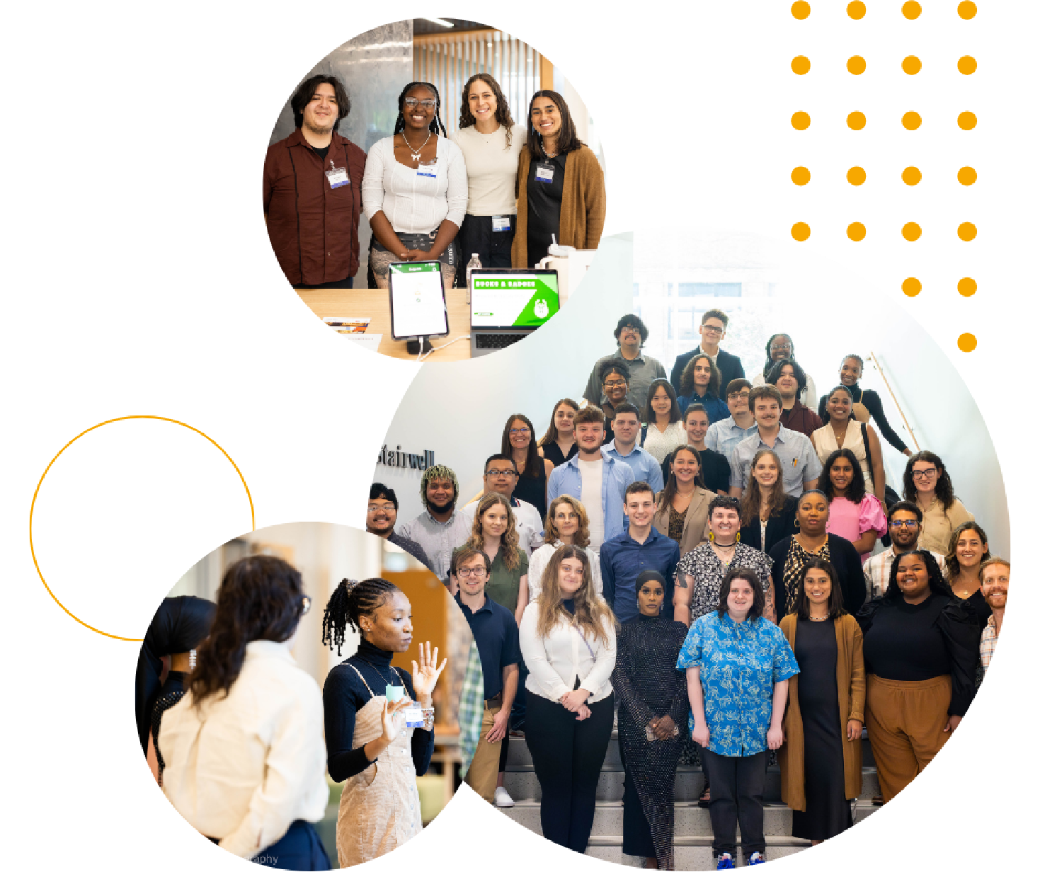 Collage of diverse people at an event, with a large group posing on stairs and smaller groups engaging with technology. Positive and collaborative atmosphere.