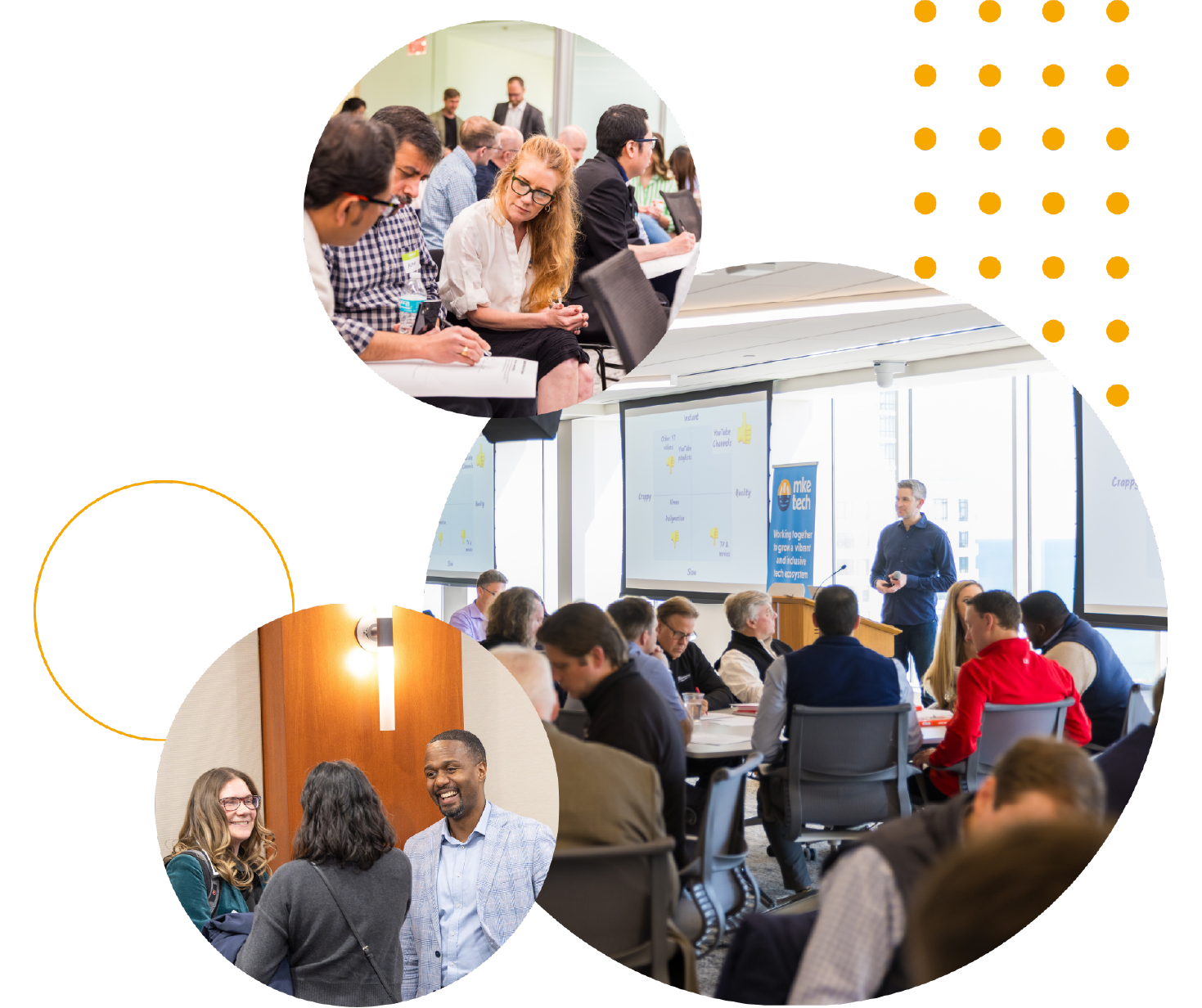 Collage of three conference scenes: a group discussion, a speaker presenting, and a casual networking moment. Vibrant, professional atmosphere.
